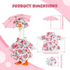 A decorative lawn goose costume set featuring a pink and white floral print, shown with its dimensions.