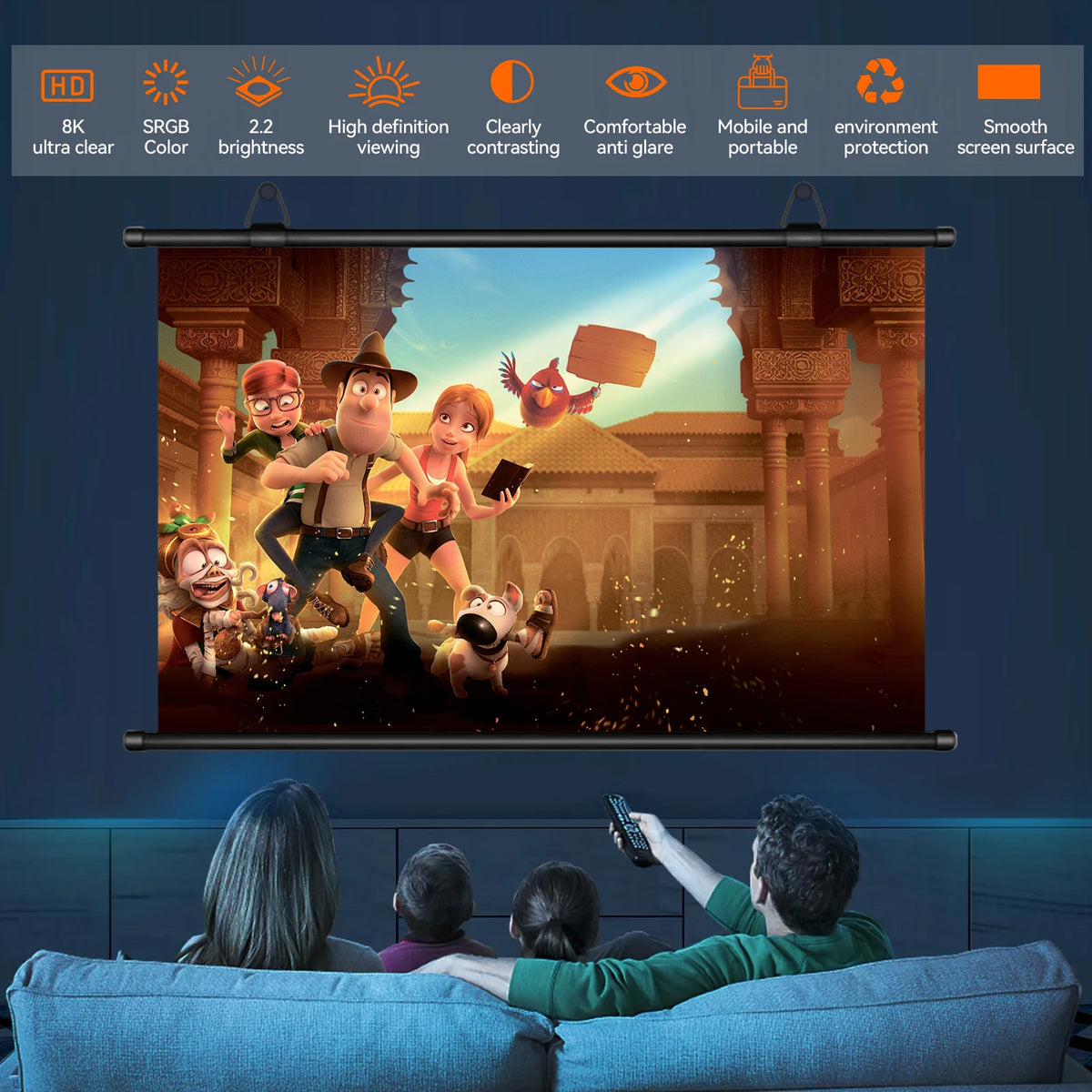 An anti-light HD projection screen is displayed, showing a scene with animated characters in a historical setting.