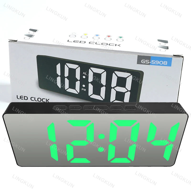 A rectangular LED digital clock display showing 10:08 PM on a white box.