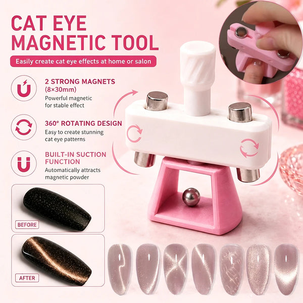 A white and pink magnetic tool used to create cat eye effects on nails, showing before and after results.