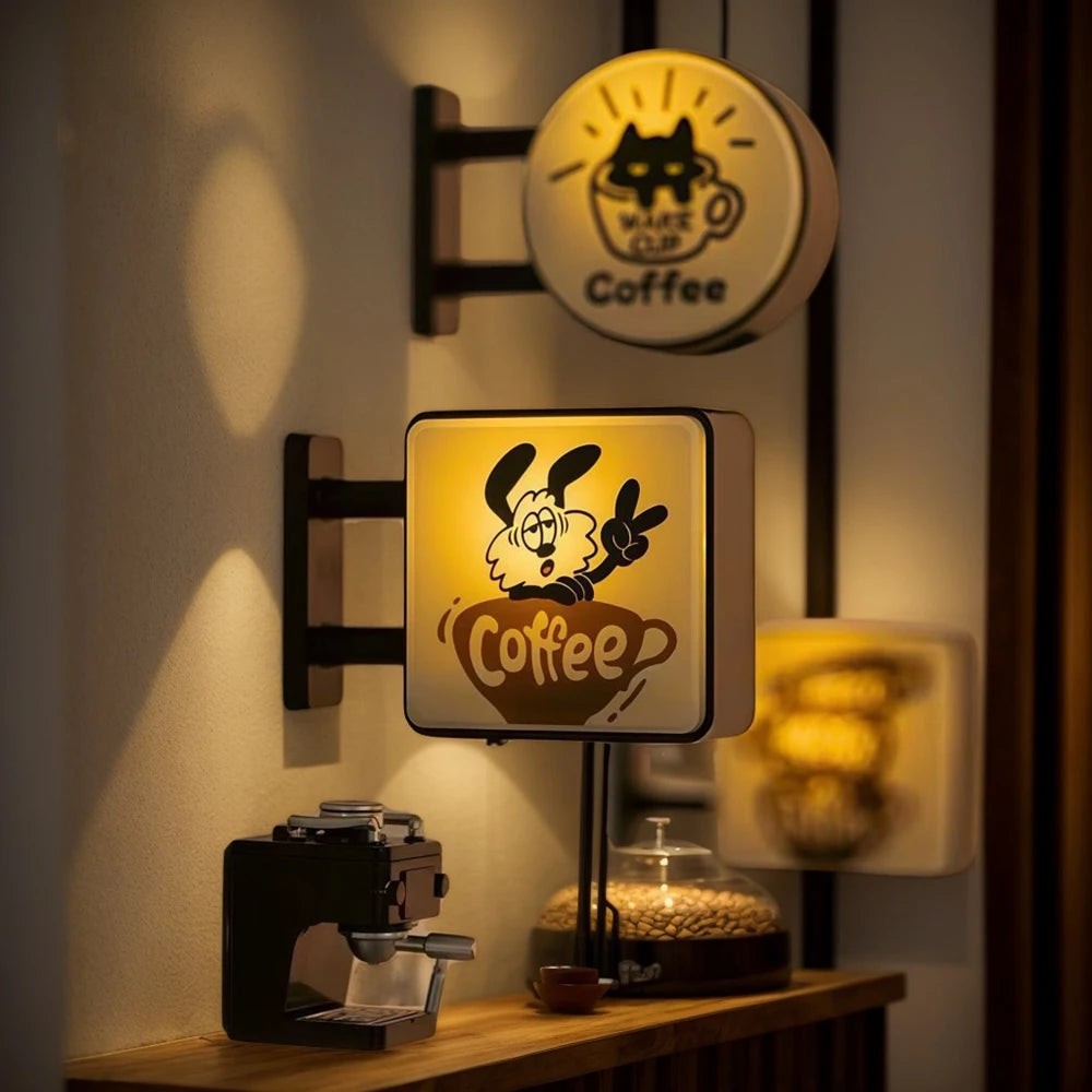 A retro coffee corner magnetic fridge decor featuring a soft glow design with a cat and coffee elements.