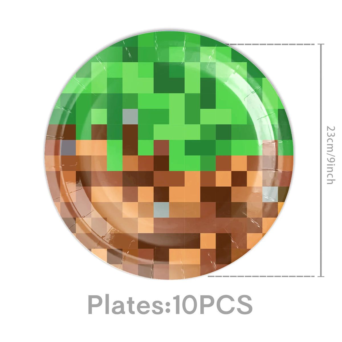 A green and brown pixel art plate with a square design, part of a miner-themed birthday party set.
