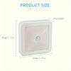 A square, translucent LED night light with a clear lens and a white frame, shown with dimensions.