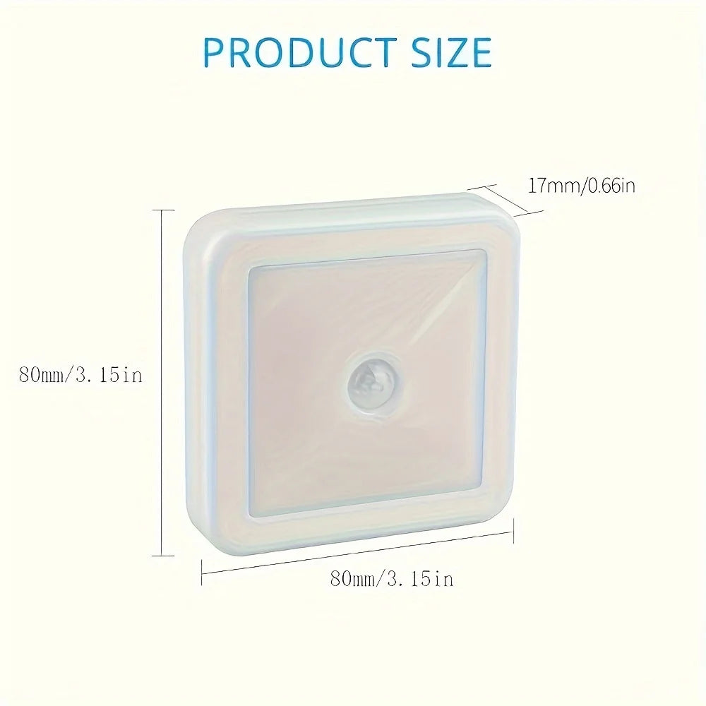 A square, translucent LED night light with a clear lens and a white frame, shown with dimensions.