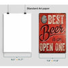A white A4 paper is displayed next to a rustic red metal sign that reads Best Beer is an Open One