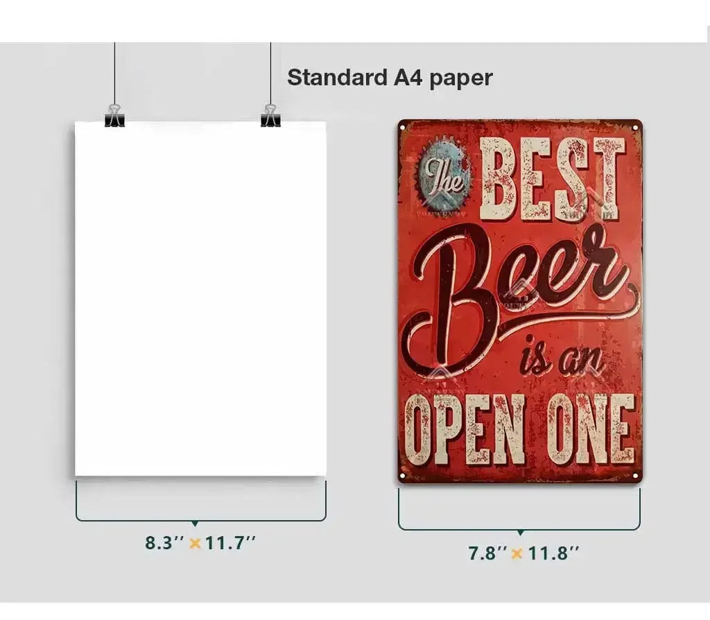 A white A4 paper is displayed next to a rustic red metal sign that reads Best Beer is an Open One