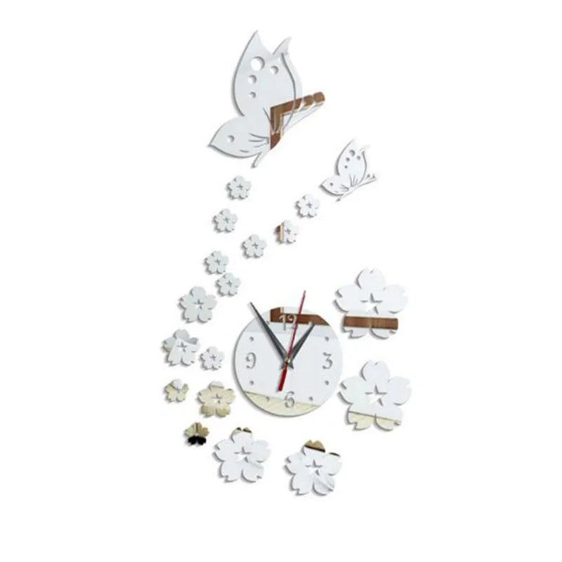 Modern acrylic mirror wall clock featuring a butterfly and floral design.