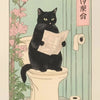 A black cat sits on a toilet, reading a newspaper, against a pale green background with pink flowers.