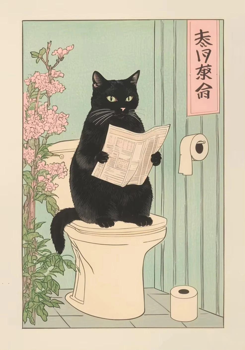 A black cat sits on a toilet, reading a newspaper, against a pale green background with pink flowers.