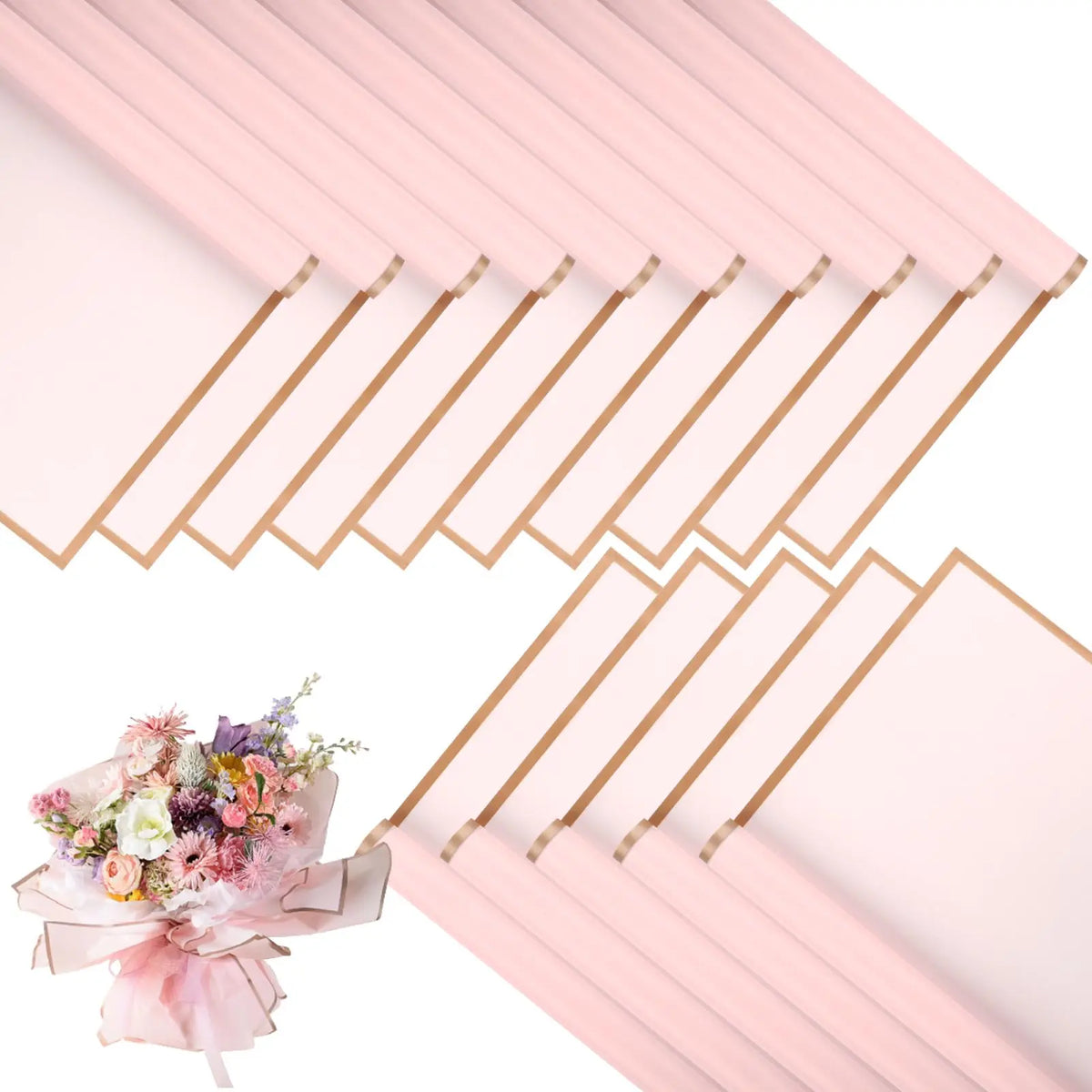 Pink decorative flower wrapping paper with gold edges shown in a fan-like arrangement.
