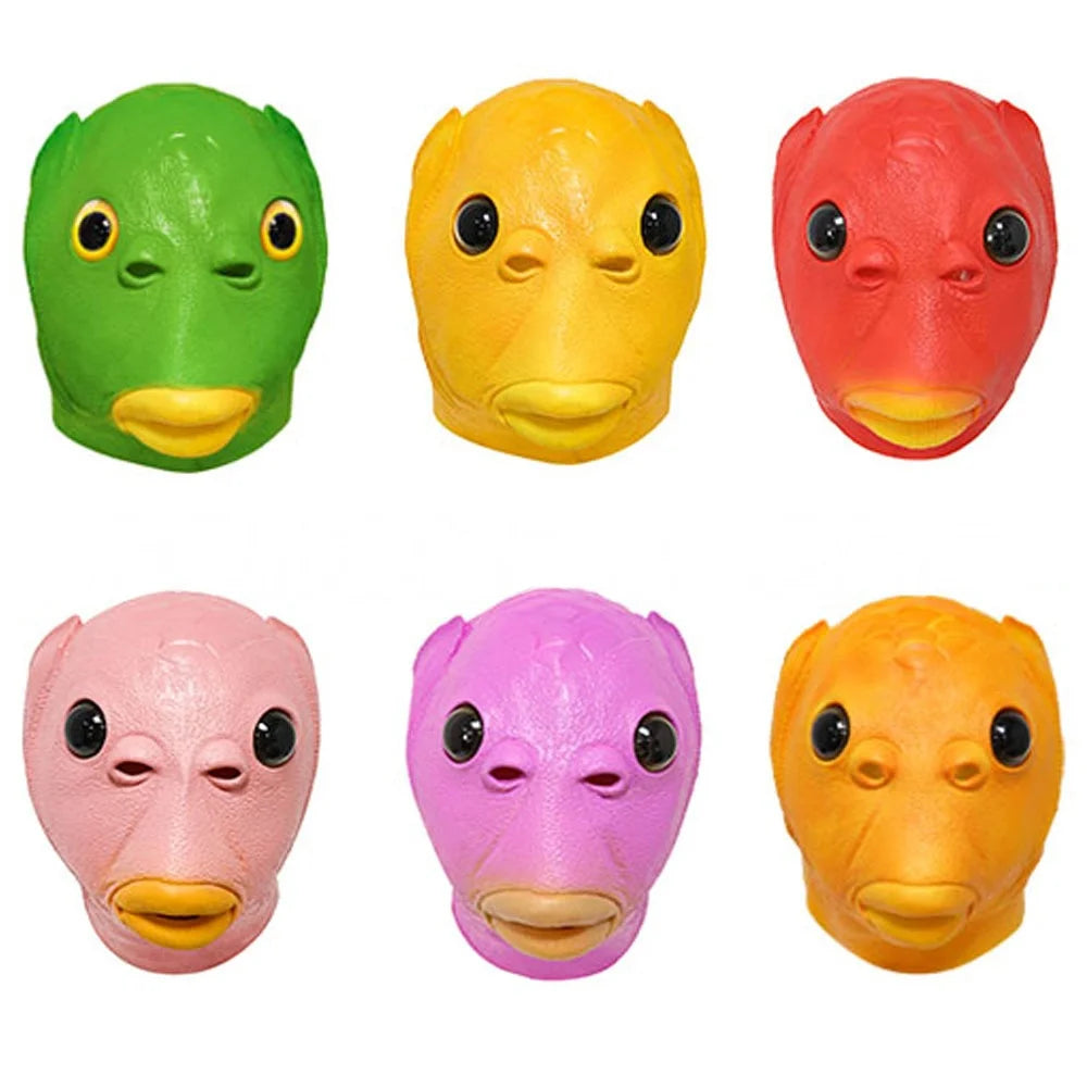 A set of five realistic horror masks in green, yellow, red, pink, and orange for Halloween costumes.