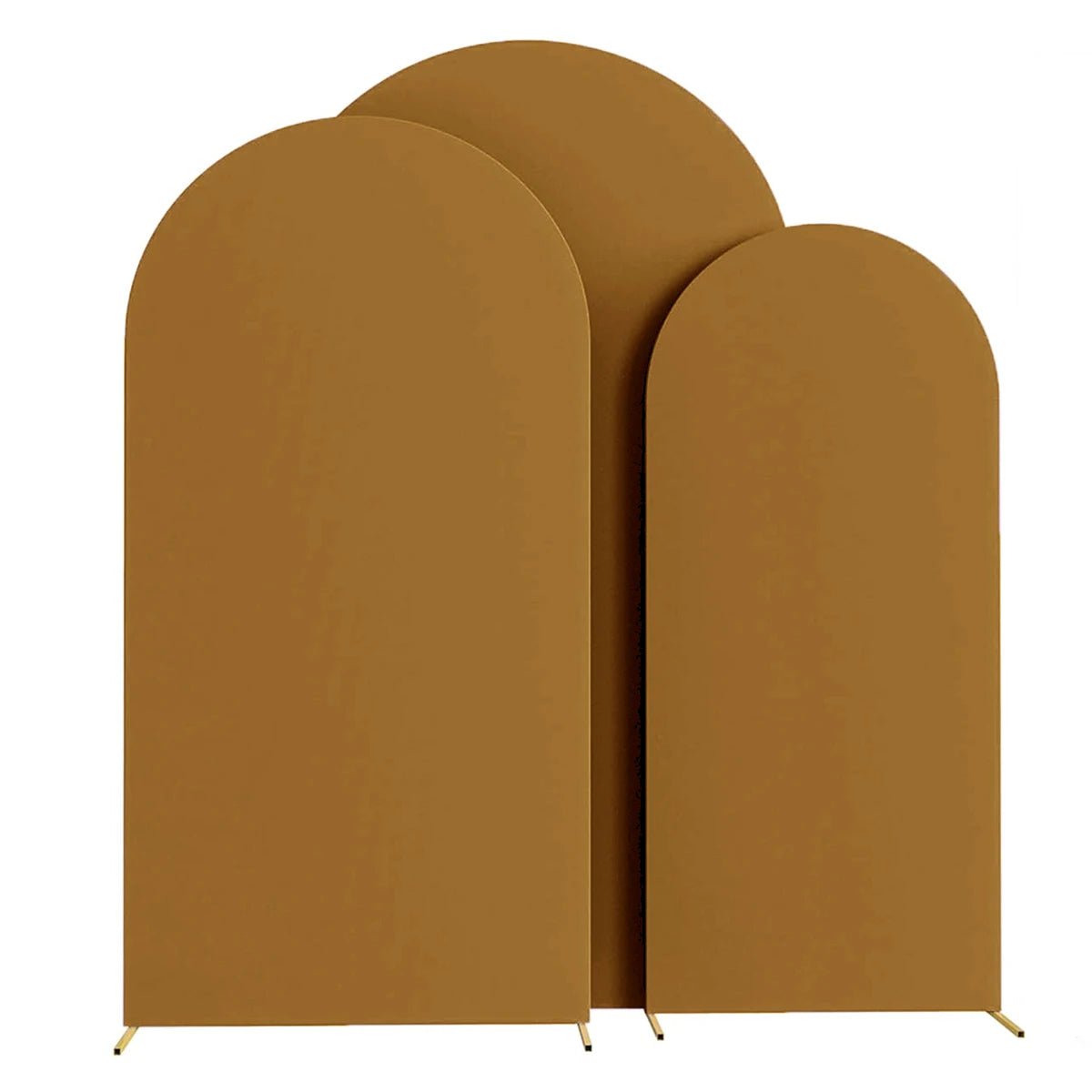 Three vertical arch stand backdrops in a matte bronze color for wedding and event decor
