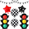 A set of black and white checkered race car traffic light balloons.
