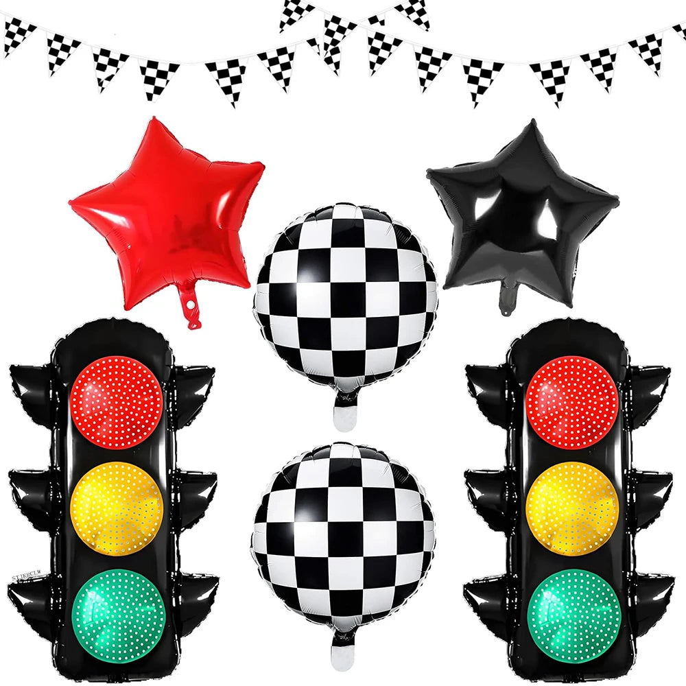 A set of black and white checkered race car traffic light balloons.