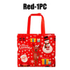 A red festive tote bag with a Christmas theme featuring Santa and gift boxes.