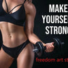 Une femme musclée en tenue de sport noire soulève un haltère, avec un texte encourageant la force.