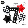 A set of black and white checkered and solid red balloons shaped like numbers and stars for a race car traffic light theme