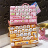 A collection of pink and yellow cartoon animal keycap fidget toys arranged in rows.