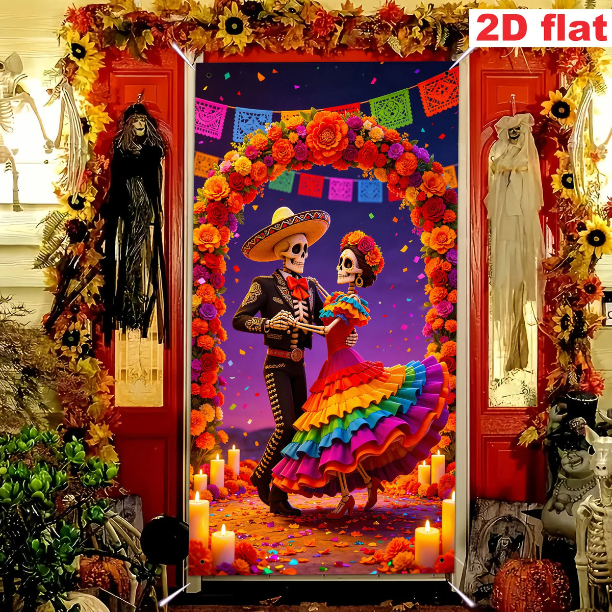A vibrant decorative banner featuring a colorful Mexican-style scene with figures and floral arches.