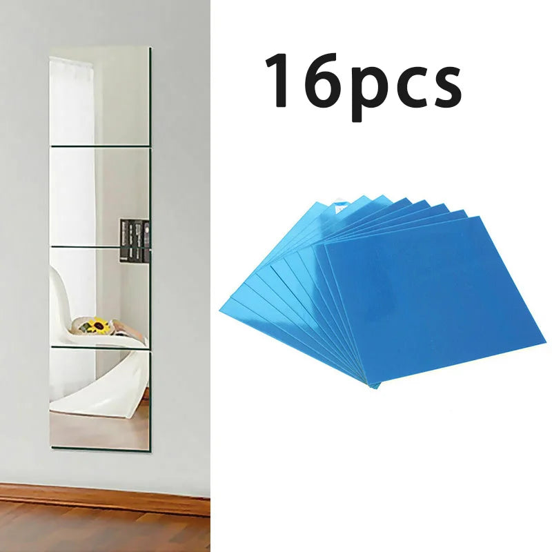 A set of 16 blue acrylic mirror mosaic tiles displayed next to a vertical mirrored shelf.
