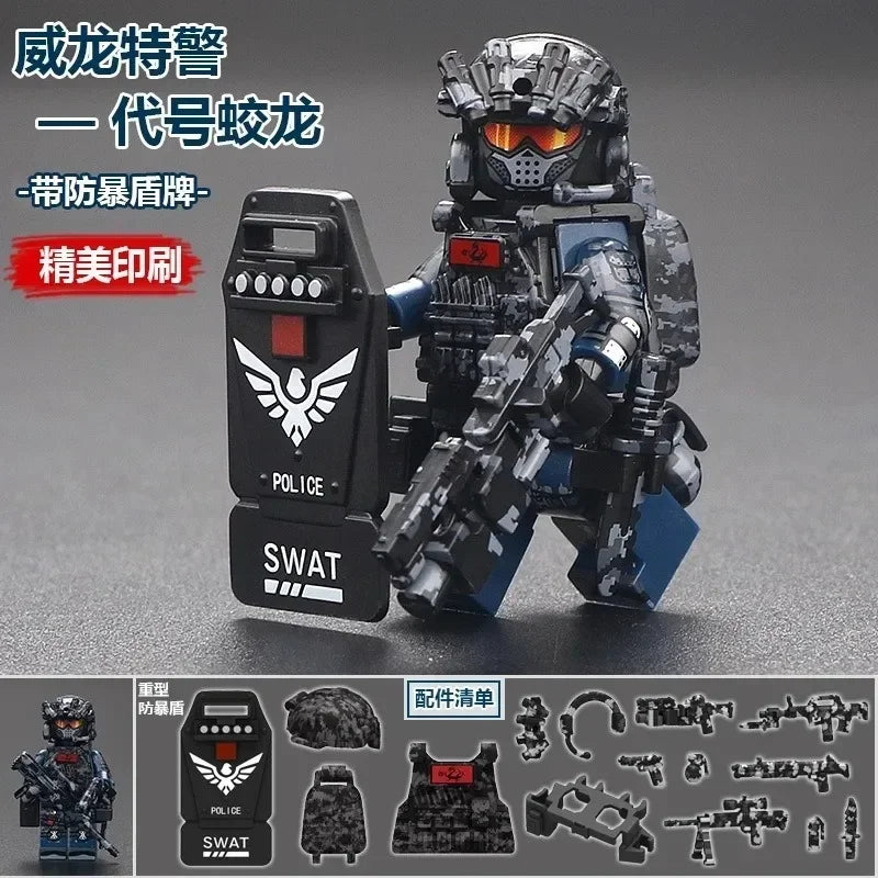 A SWAT police miniature figure in a black and blue armored suit is displayed alongside its disassembled parts.