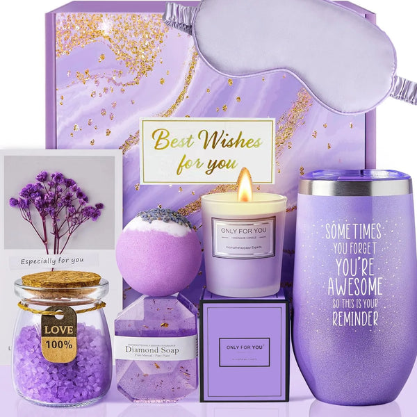 A lavender spa gift basket set featuring a purple box, a candle, and a tumbler with a reminder message.