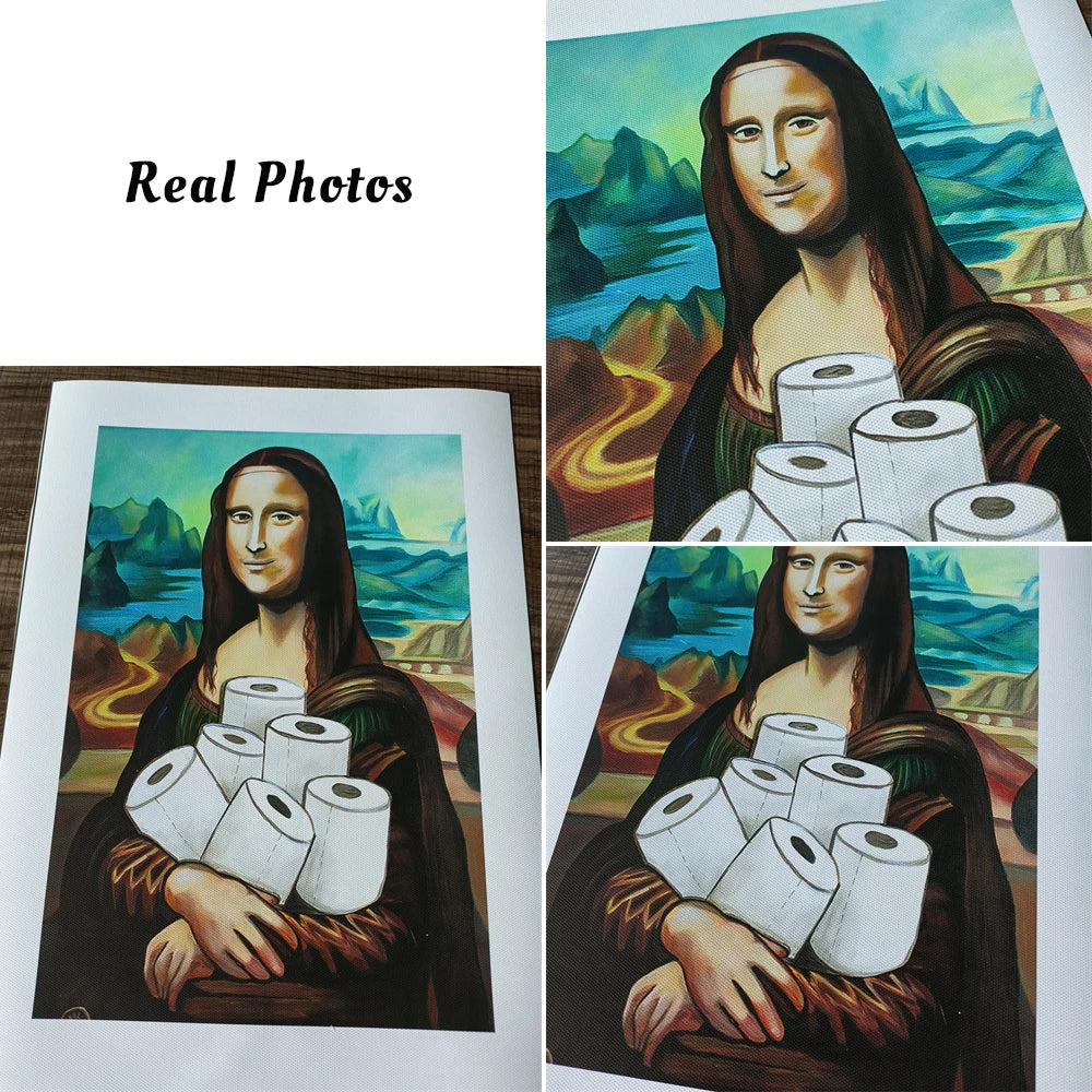 A canvas print featuring a painting of the Virgin Mary with numerous rolled-up white candles.