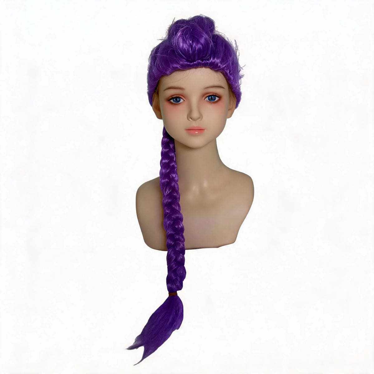 A purple long braid wig with a side ponytail displayed on a mannequin head.