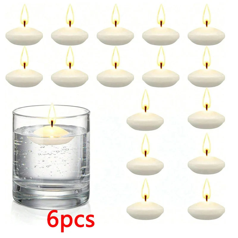 Six pieces of white unscented floating candles displayed above and in a glass container.