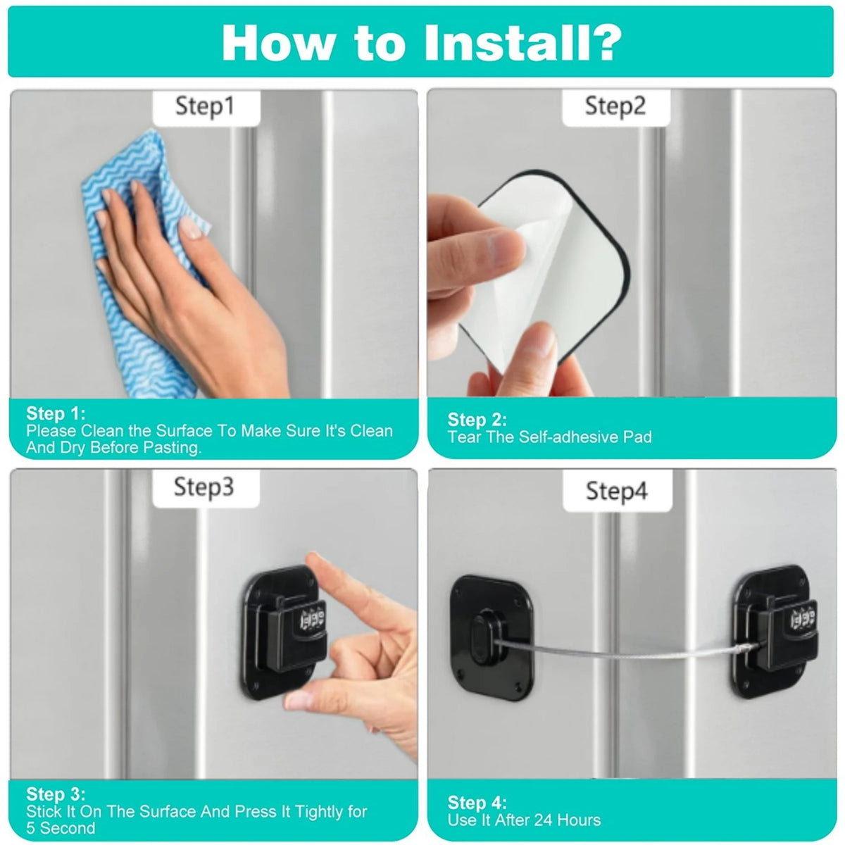 Instructions for installing stainless steel combination refrigerator locks, showing four steps of the process.