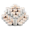 A stack of classic white tealight candles arranged in a pyramid formation.