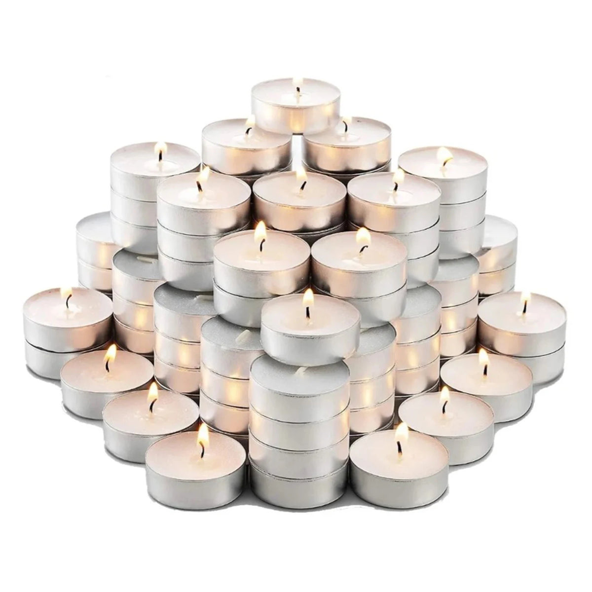 A stack of classic white tealight candles arranged in a pyramid formation.