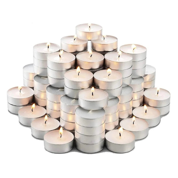 A stack of classic white tealight candles arranged in a pyramid formation.