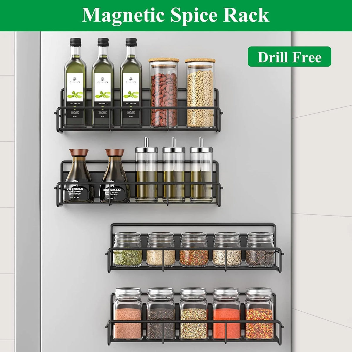A black magnetic spice rack with multiple tiers holding various glass jars of spices inside a refrigerator.