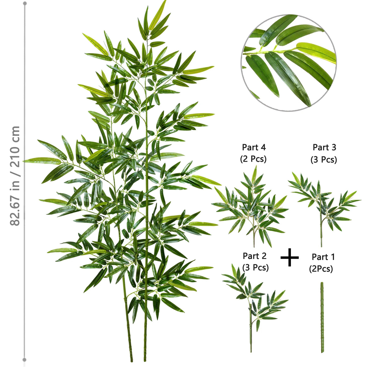 Artificial bamboo branch with green leaves shown in a full plant form and disassembled parts.
