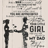 A black and white illustration of a mother and daughter silhouette with text dedicated to her dad.
