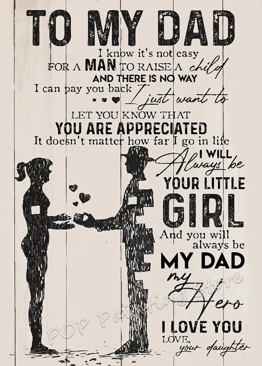 A black and white illustration of a mother and daughter silhouette with text dedicated to her dad.