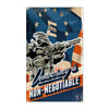 A patriotic banner featuring a silhouette of a soldier aiming a rifle against an American flag background with stars and stri