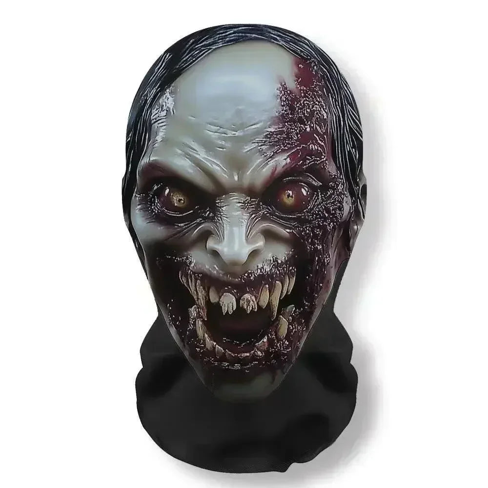 A realistic mask depicting a grotesque, bloody face with intense eyes and bared teeth for cosplay or party use.
