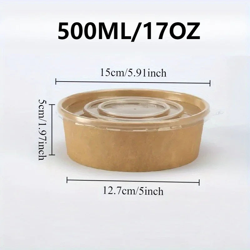 A 500ml/17oz eco-friendly kraft paper bowl with a clear lid shown in a side view.