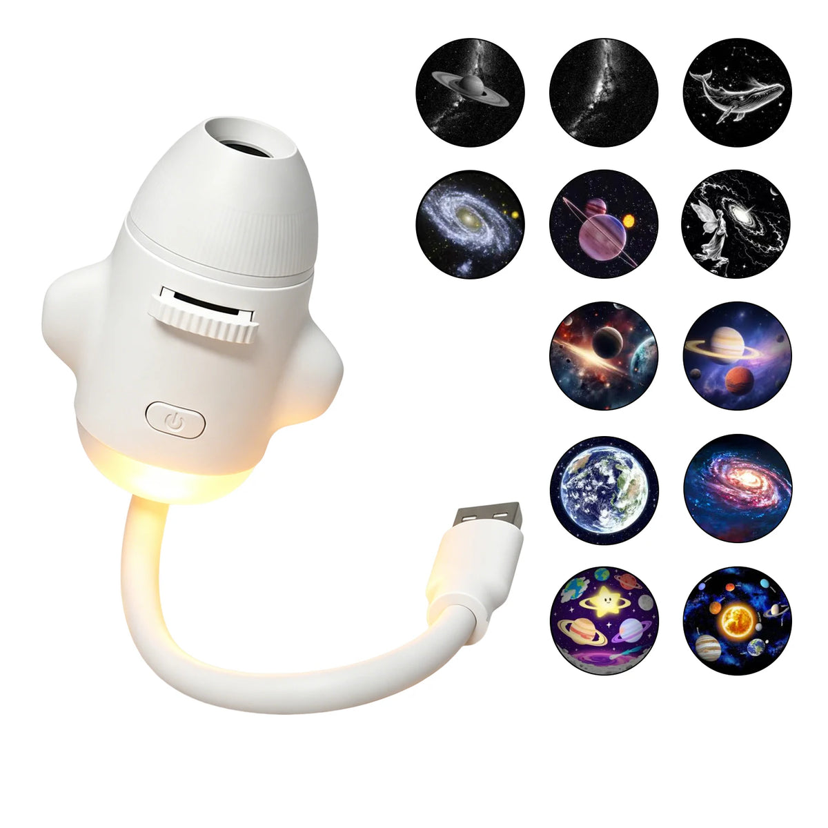 A white 2-in-1 Galaxy Projector and night light with an adjustable focus, showing various celestial images.