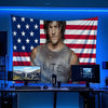 A banner featuring a portrait of a man against an American flag background.
