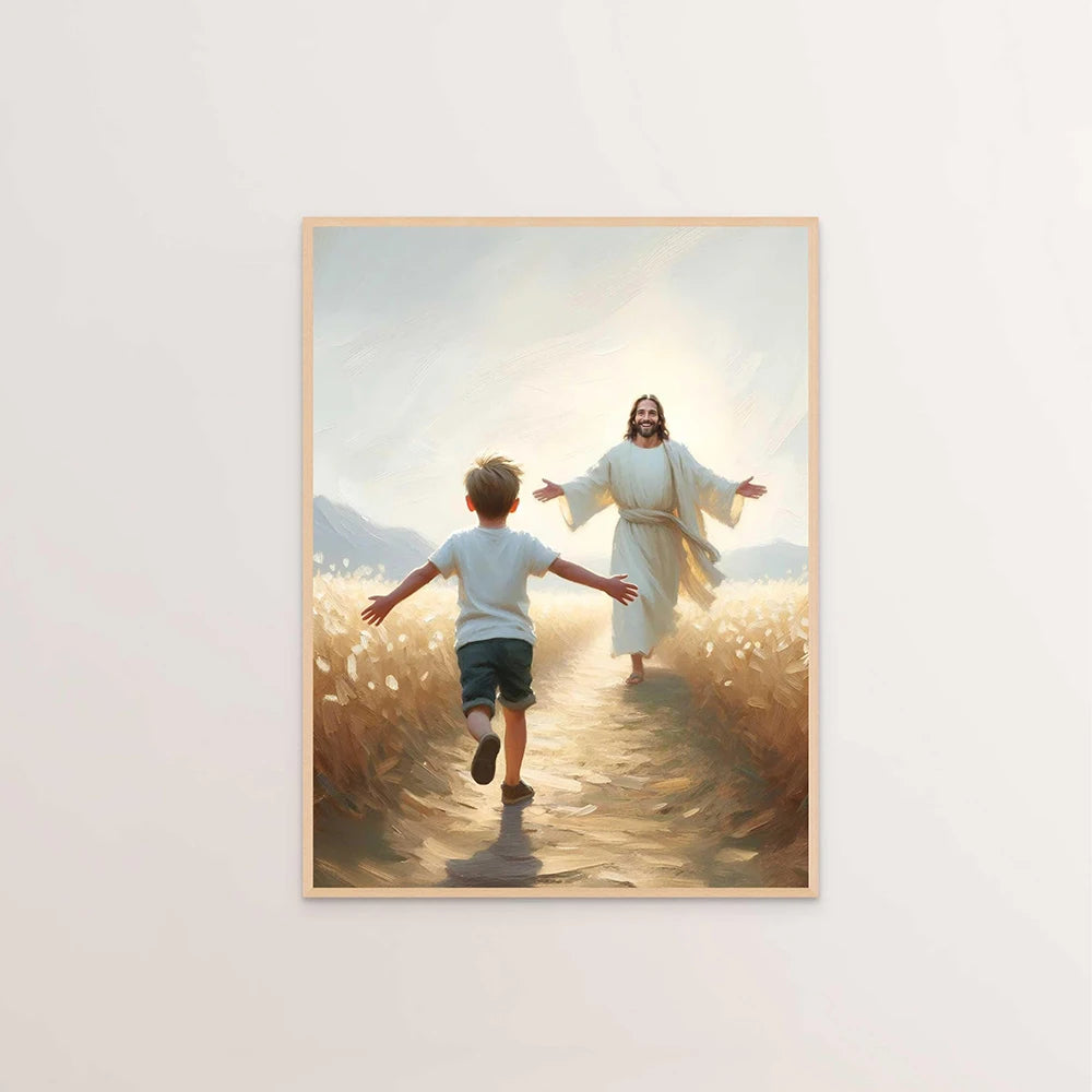 A painting depicting Jesus Christ walking alongside a young boy in a field with soft light.