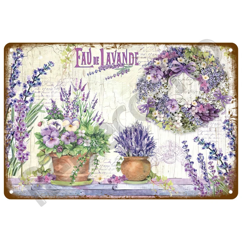 Vintage metal tin sign featuring lavender flowers and a wreath, suitable for garden or home decor.