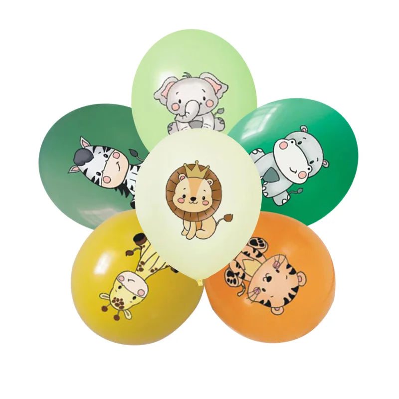 A set of five green and yellow balloons featuring cute elephant, lion, and tiger animal designs for birthday decor.