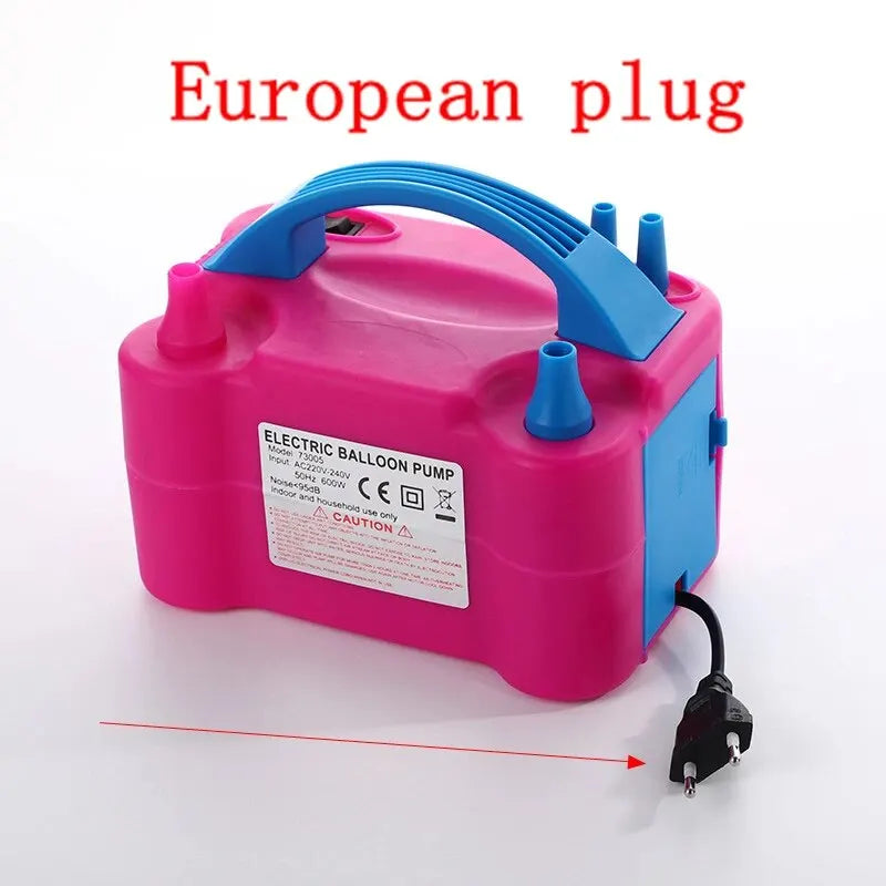 Pink and blue electric balloon pump with a handle and power cord