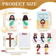 A set of mini Jesus dolls with crucifix pendants shown from the front and back, along with various sized pieces.