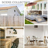 A collection of outdoor and indoor decor featuring a tin painting on a wall, a wooden fence, an outdoor patio set, and a dini
