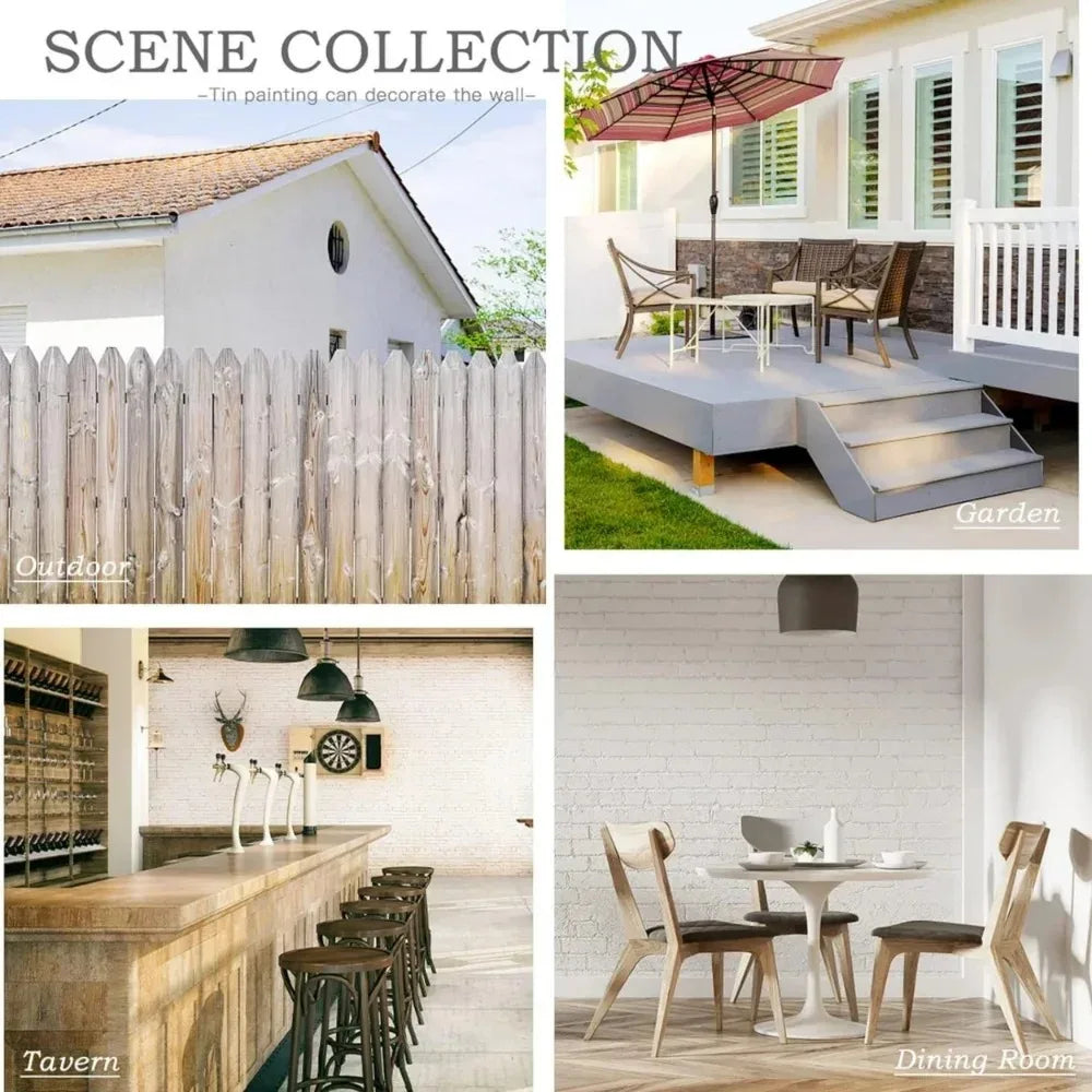 A collection of outdoor and indoor decor featuring a tin painting on a wall, a wooden fence, an outdoor patio set, and a dini