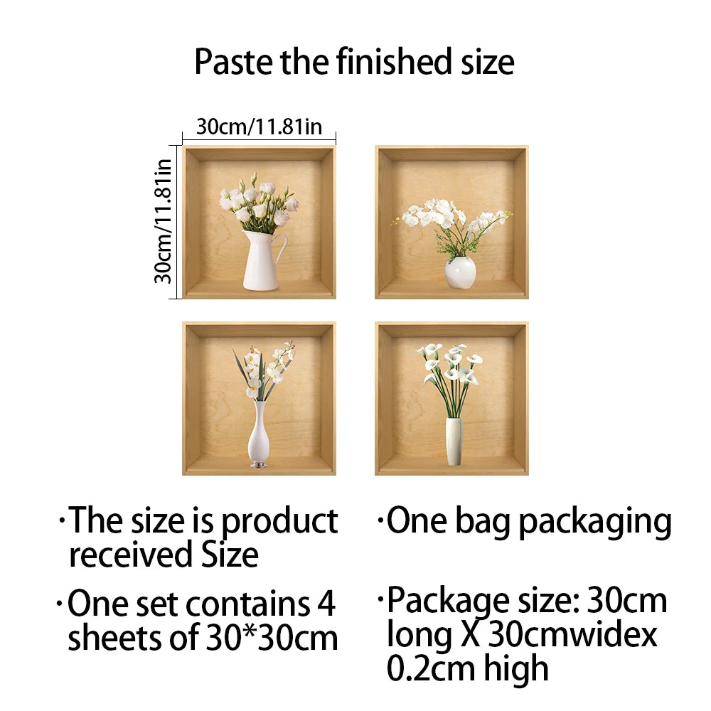 Un jeu de quatre cadres en bois présentant des fleurs séchées, avec dimensions et détails d'emballage.